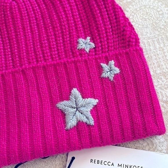 Brand New Rebecca Minkoff Hot Pink Beanie Ribbed Knit Hat w/ Embroidered Stars main image 8
